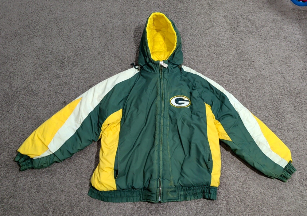 VTG Green Bay Packers Logo 7 Zip Up Winter Jacket Coat Mens M 90s Game Day Hood